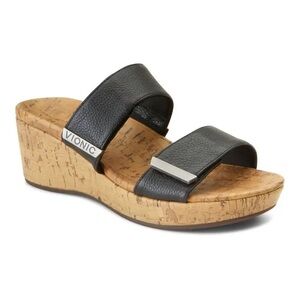 Vionic Atlantic Pepper Leather Cork Style Platform Wedge Black 9 Wide